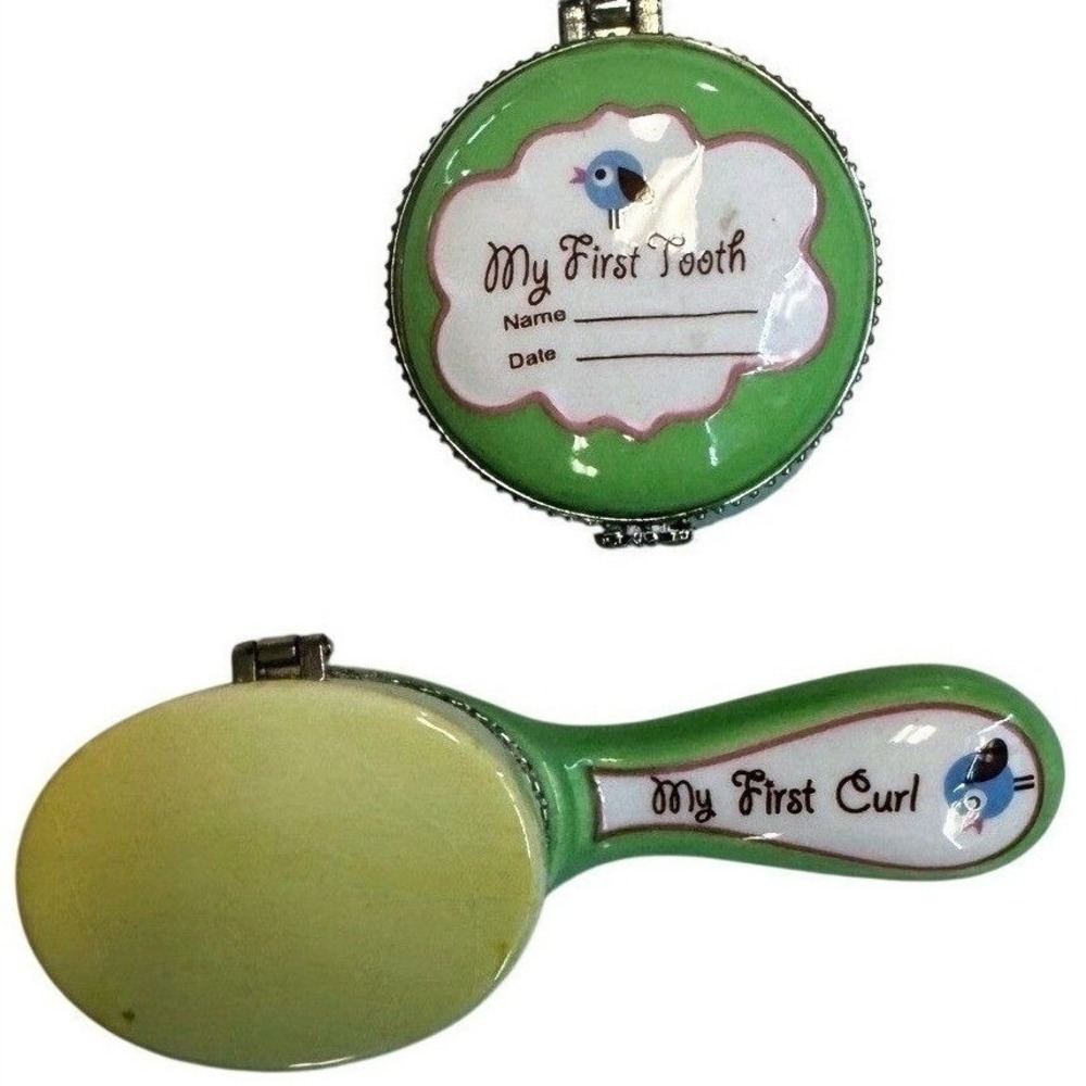 My First Tooth and Curl Keepsake Set Green Ceramic Blue Bird FITAU3